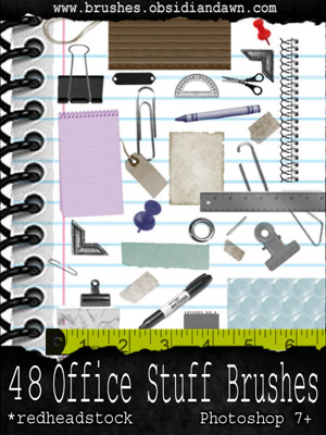 office work paperclips rubber band binder edges eyelets papers scraps crumpled old notebooks rulers tags tape pushpins pencils pens