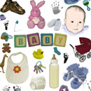 Photoshop: Baby (baby things. Includes: a baby face, bib, blocks, booties, bottle, socks, bronze shoes, stuffed bunny, diapers, rubber duckie, footprints, hand prints, a toy giraffe, plastic keys, a pacifier, a safety pin, several toys, a teddybear, and more)