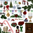 Photoshop: Holidays (Christmas and Hanukkah decorations: angels, bells, bows, candy canes, dradle, gifts, holly, icicles, string of christmas lights, menorah, milk, cookies, mistletoe, nutcracker, ornaments, poinsettia, snowflakes, snowman, stockings, christmas tree, wreath...)