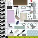 Photoshop: Office stuff (various office supplies: paperclips, rubber band, binder edges, eyelets, paper, scraps, crumpled, old, notebook, rulers, tags, tape, pushpins, pencil, pen…)