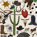 Photoshop: Western / cowboy (western and cowboys stuffs: bandana, cowboy boots, bronco, bullet holes, bullets, cactus, cowboy hat, lace fan, gun, horseshoe, lasso, poker chips, royal flush (cards), rodeo images, saddle, skull, tombstone, wagon wheel, wanted poster, whiskey bottle…)
